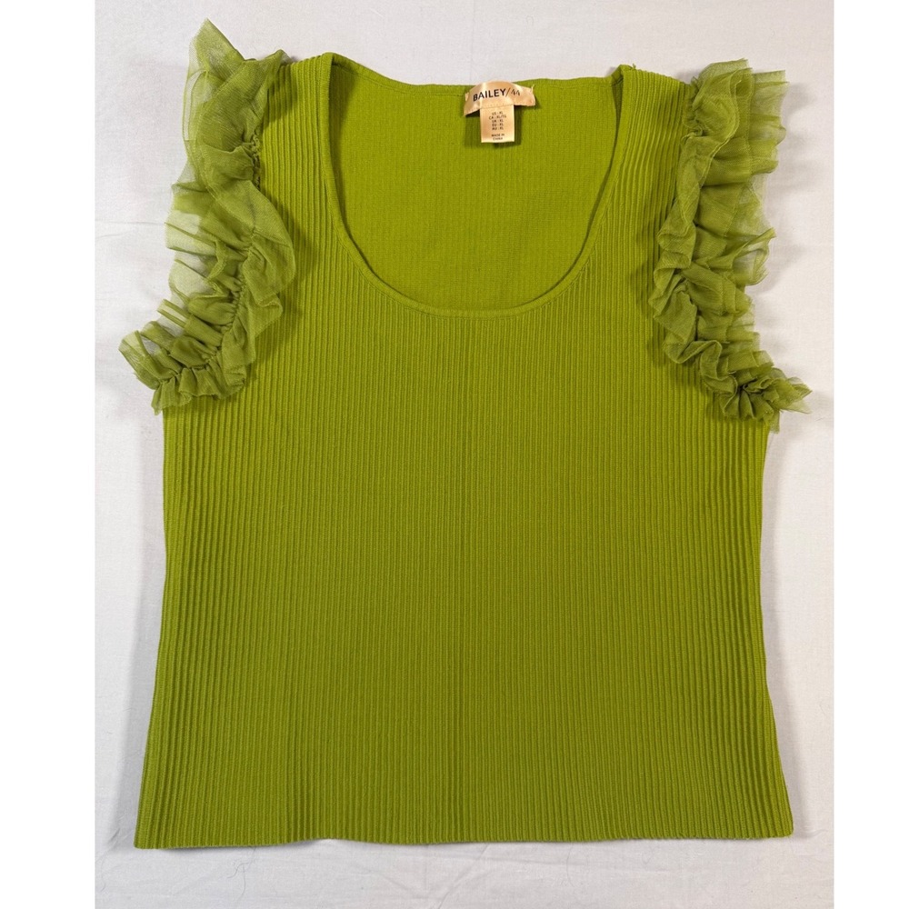Bailey 44 Green Ribbed Mesh Ruffle Trim Tank Top XL Chartreuse Sleeveless Scoop